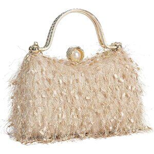 🆕Women's Faux leather 7-champange Gold Push Lock Clutch Purse Polyester Handbag